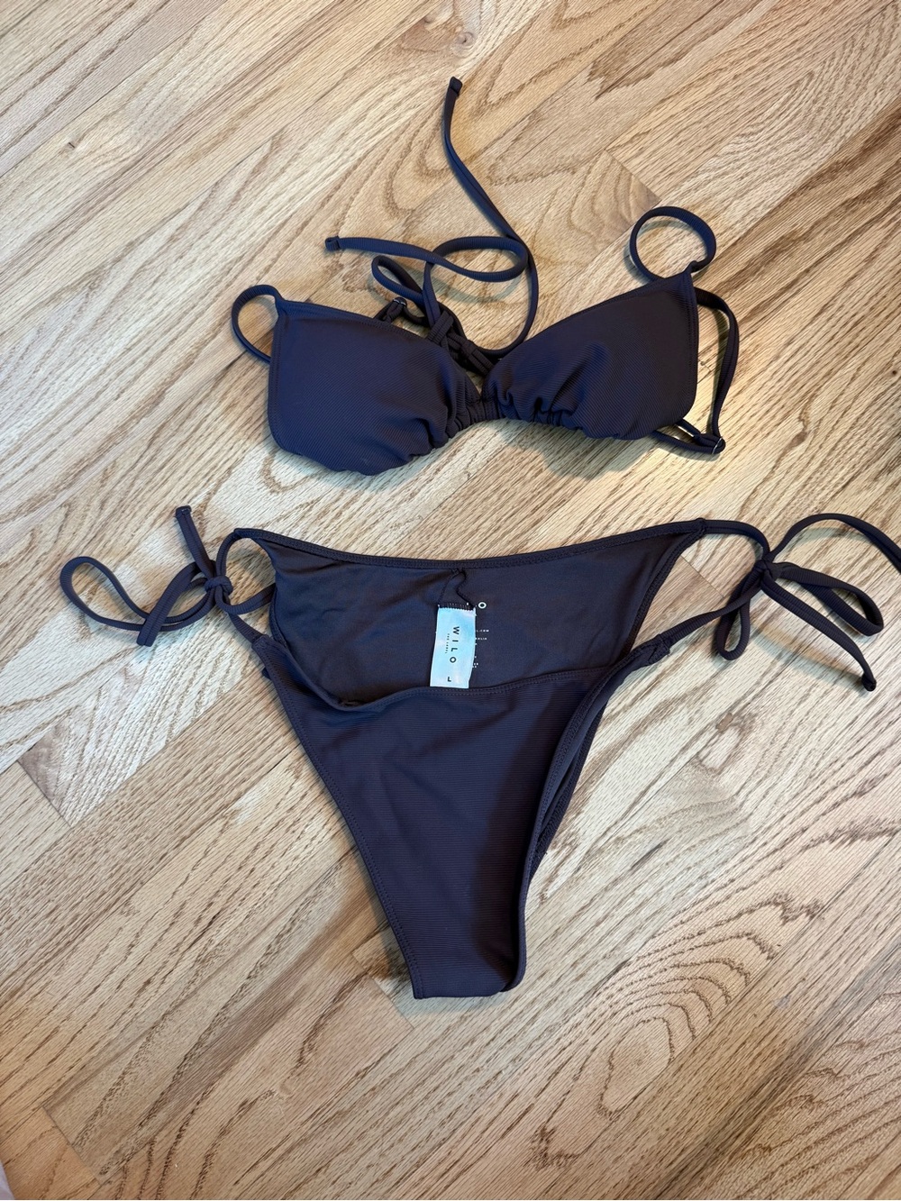 Wilo The Label Brown Ribbed Triangle String Bikini Set - Picture 2 of 2